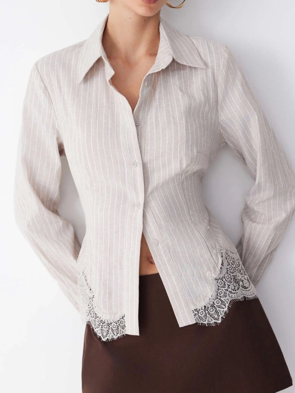 Cotton-blend Stripe Long Sleeve Lace Trim Shirt
